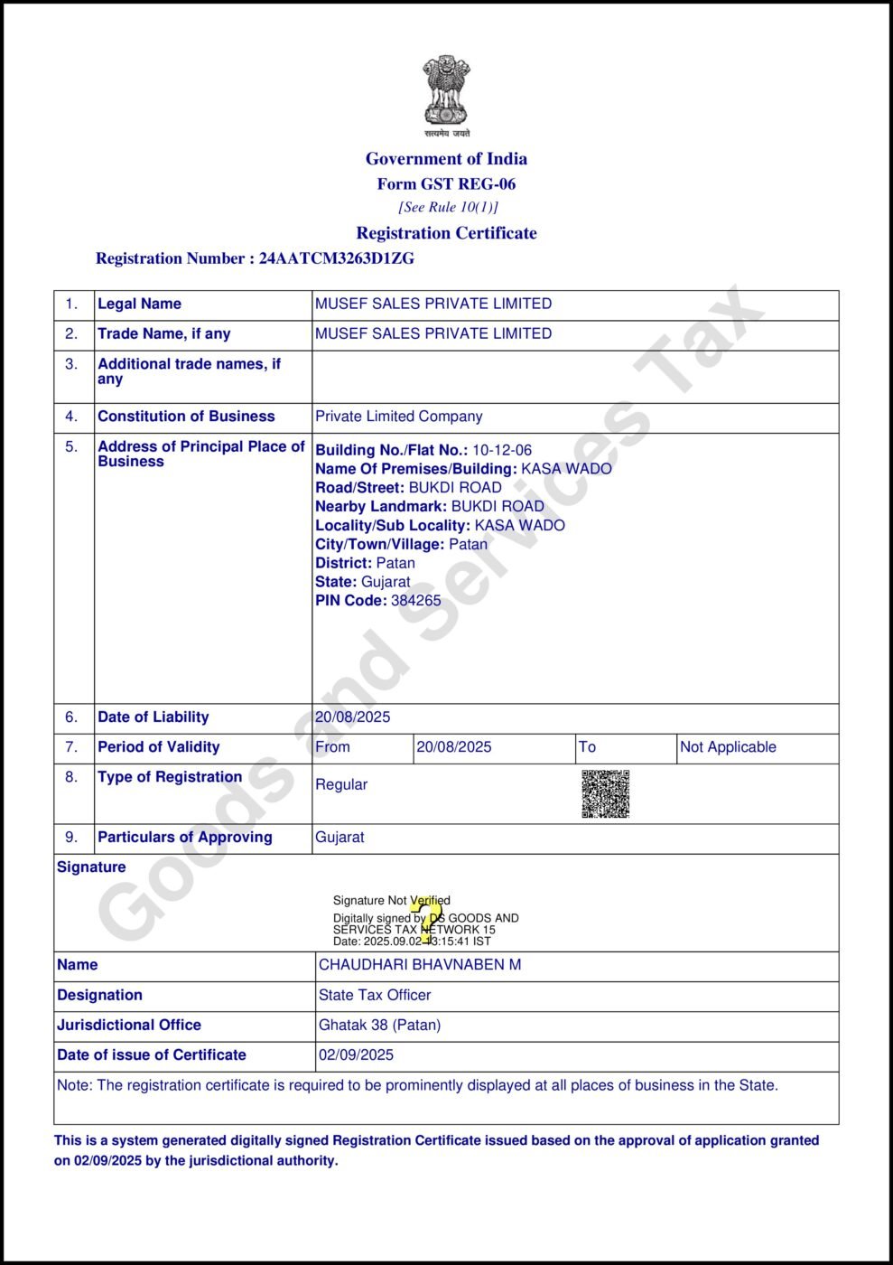 The GST registration certificate of Musef Sales Private Limited