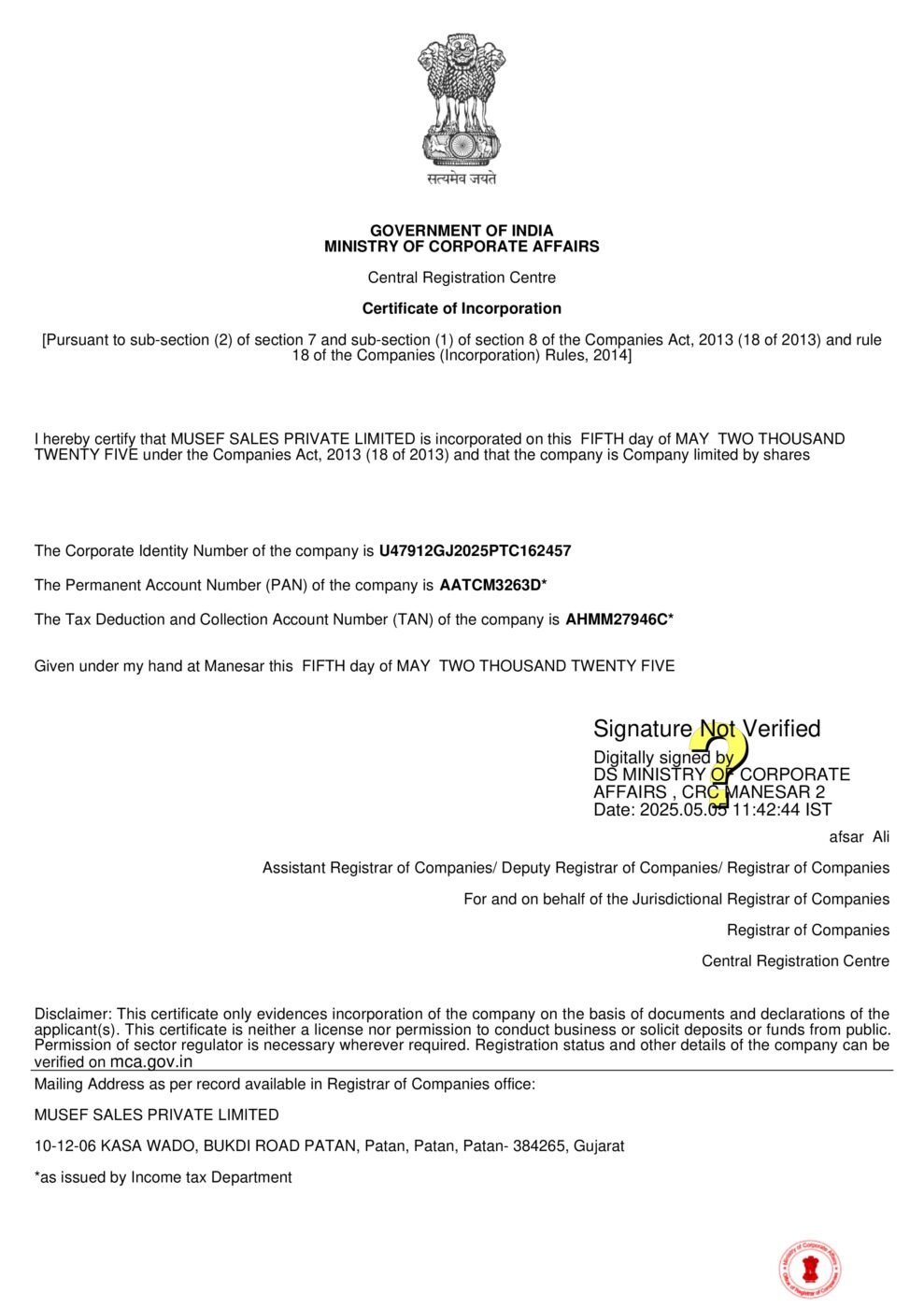 The certificate of incorporation of Musef Sales Private Limited