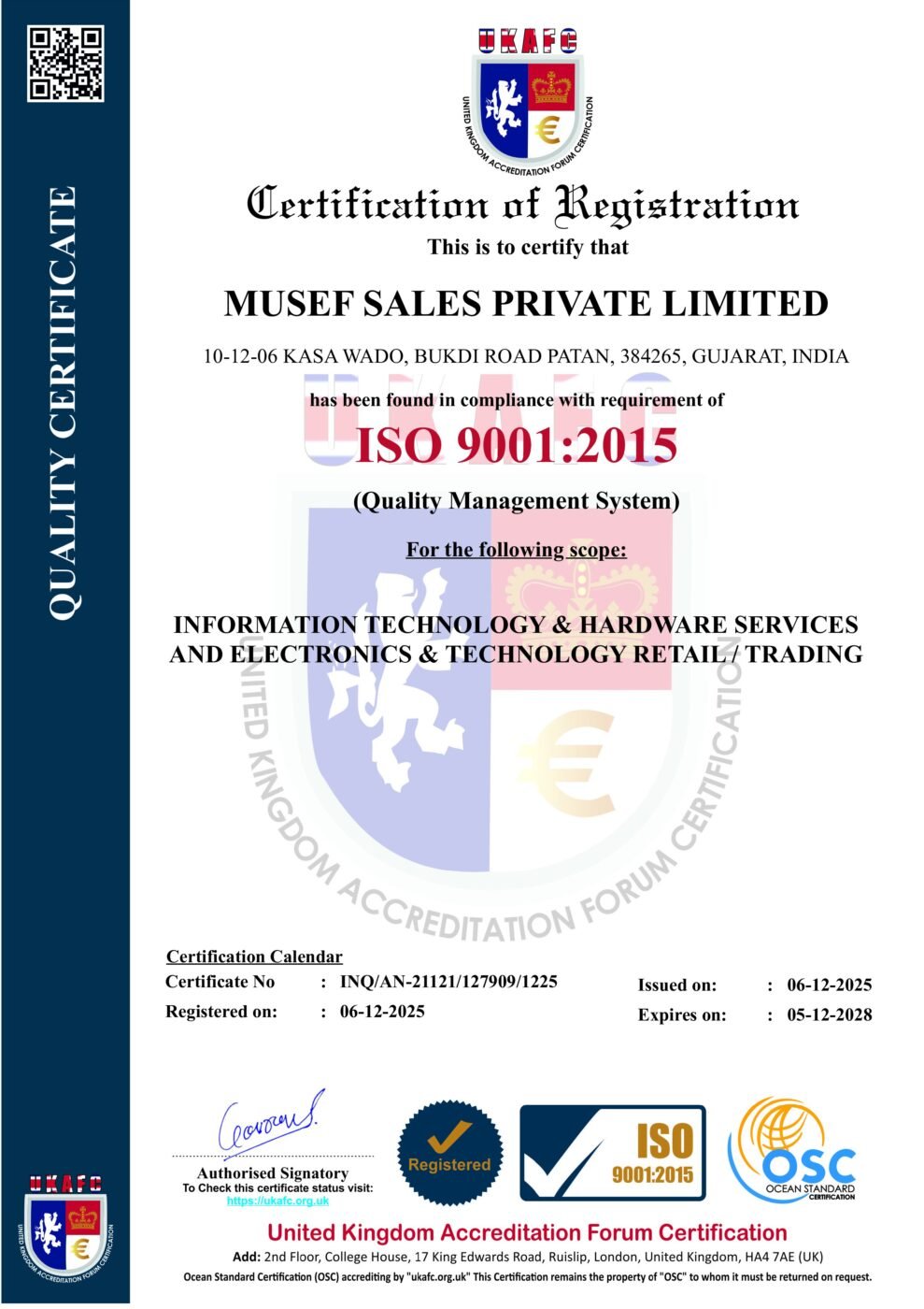 The ISO 9001:2015 certificate issued to Musef Sales Private Limited