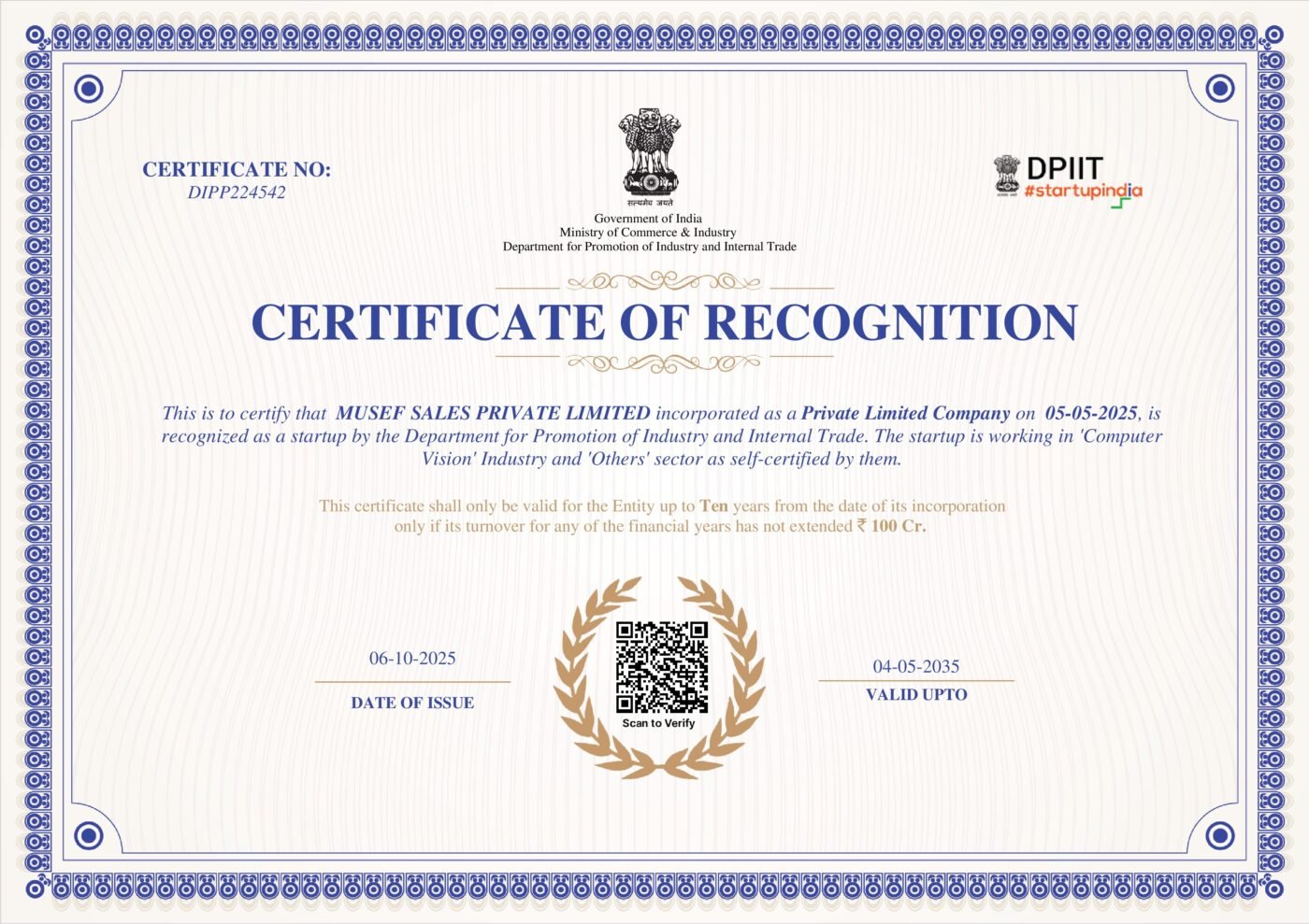 The DPIIT startup recognition certificate issued to Musef Sales Private Limited