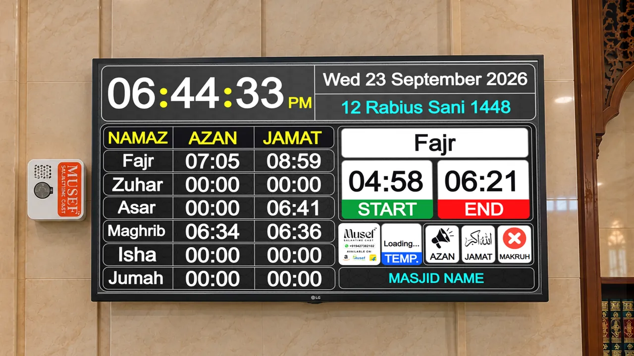 The Musef Salah Time Cast screen in English, theme 1